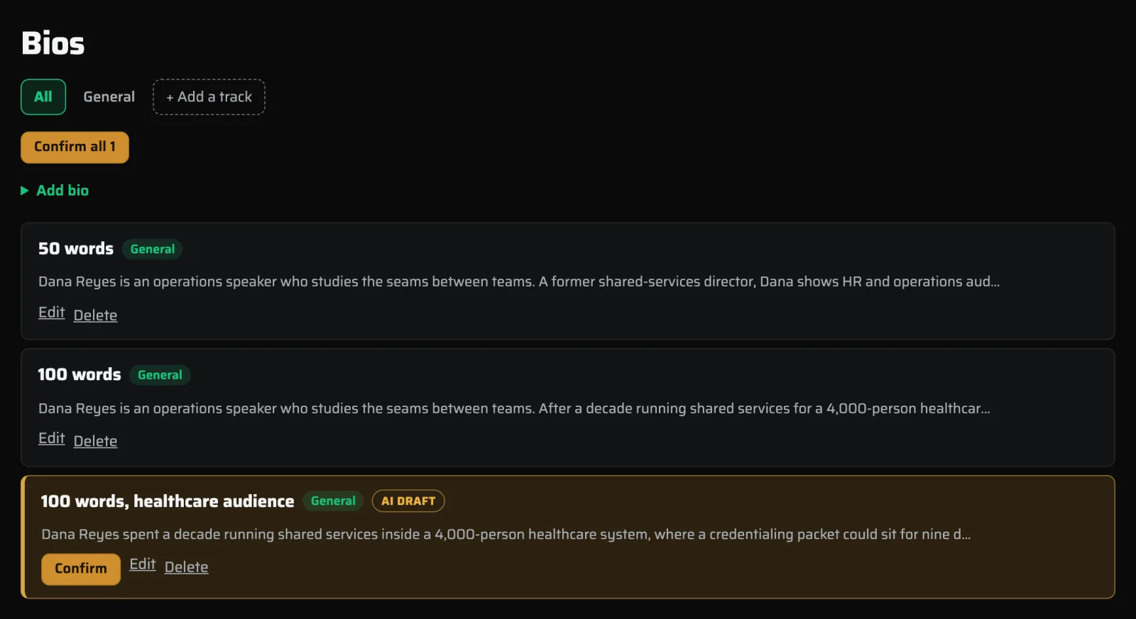 The Bios section: bios at different word counts, with one AI-drafted bio highlighted in amber and waiting for a Confirm click.