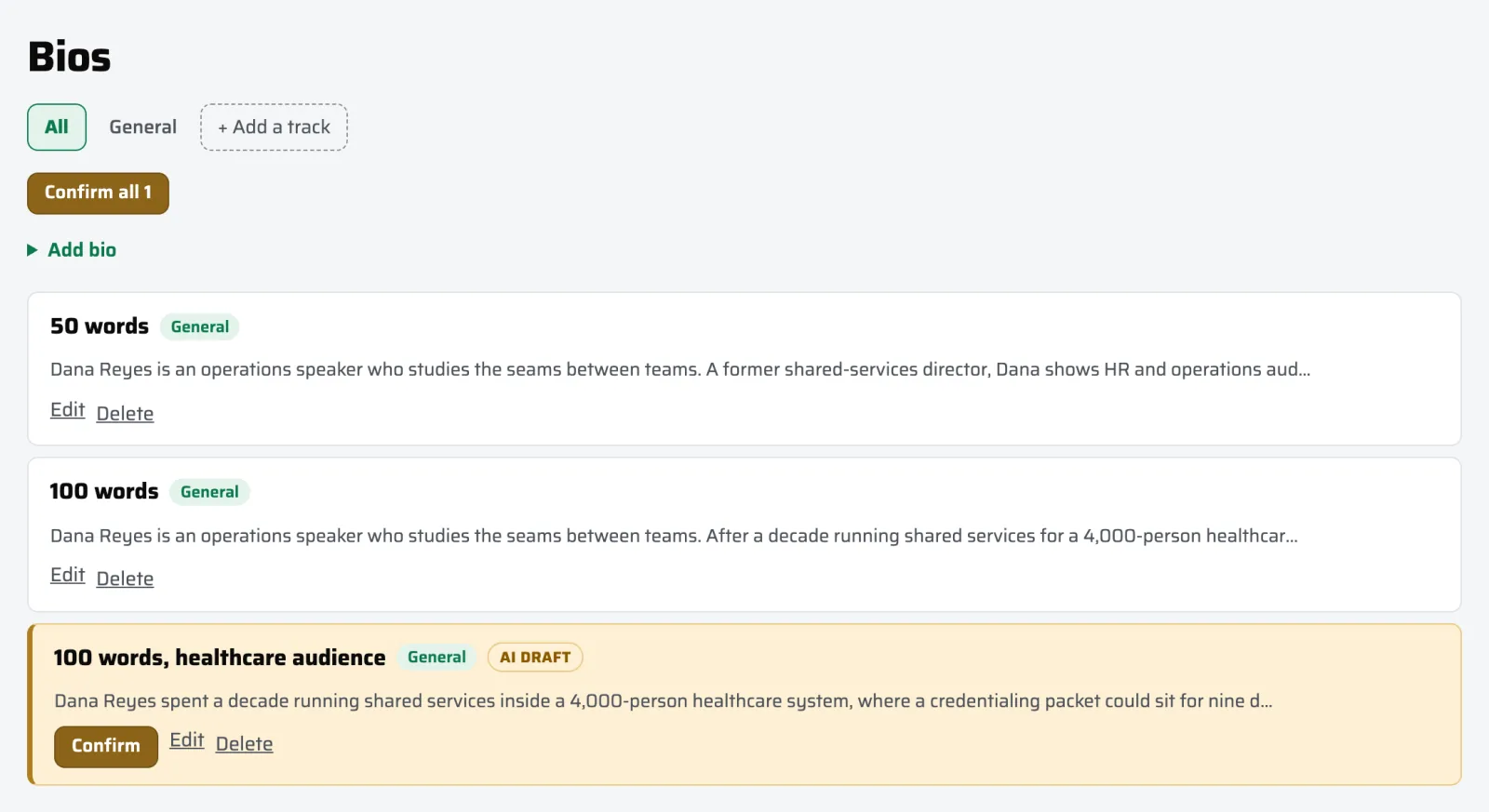The Bios section: bios at different word counts, with one AI-drafted bio highlighted in amber and waiting for a Confirm click.