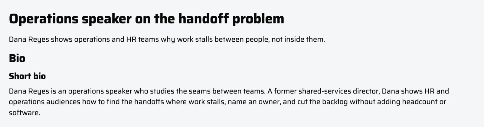 The Event Packet: a speaker headline, one-liner, and short bio laid out for an event organizer.
