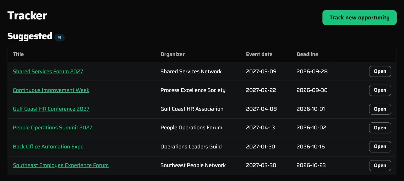 The Tracker: suggested opportunities listed with organizer, event date, and deadline.