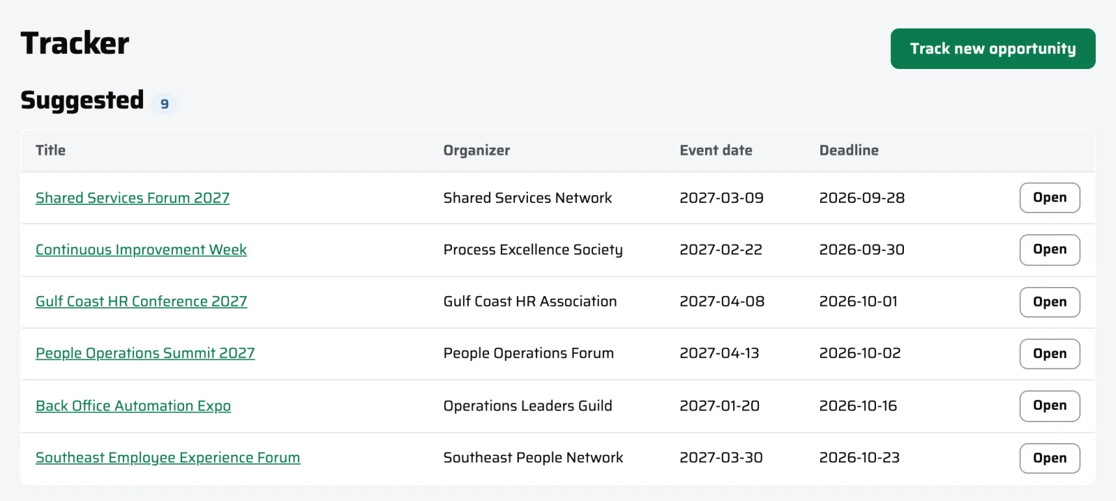 The Tracker: suggested opportunities listed with organizer, event date, and deadline.